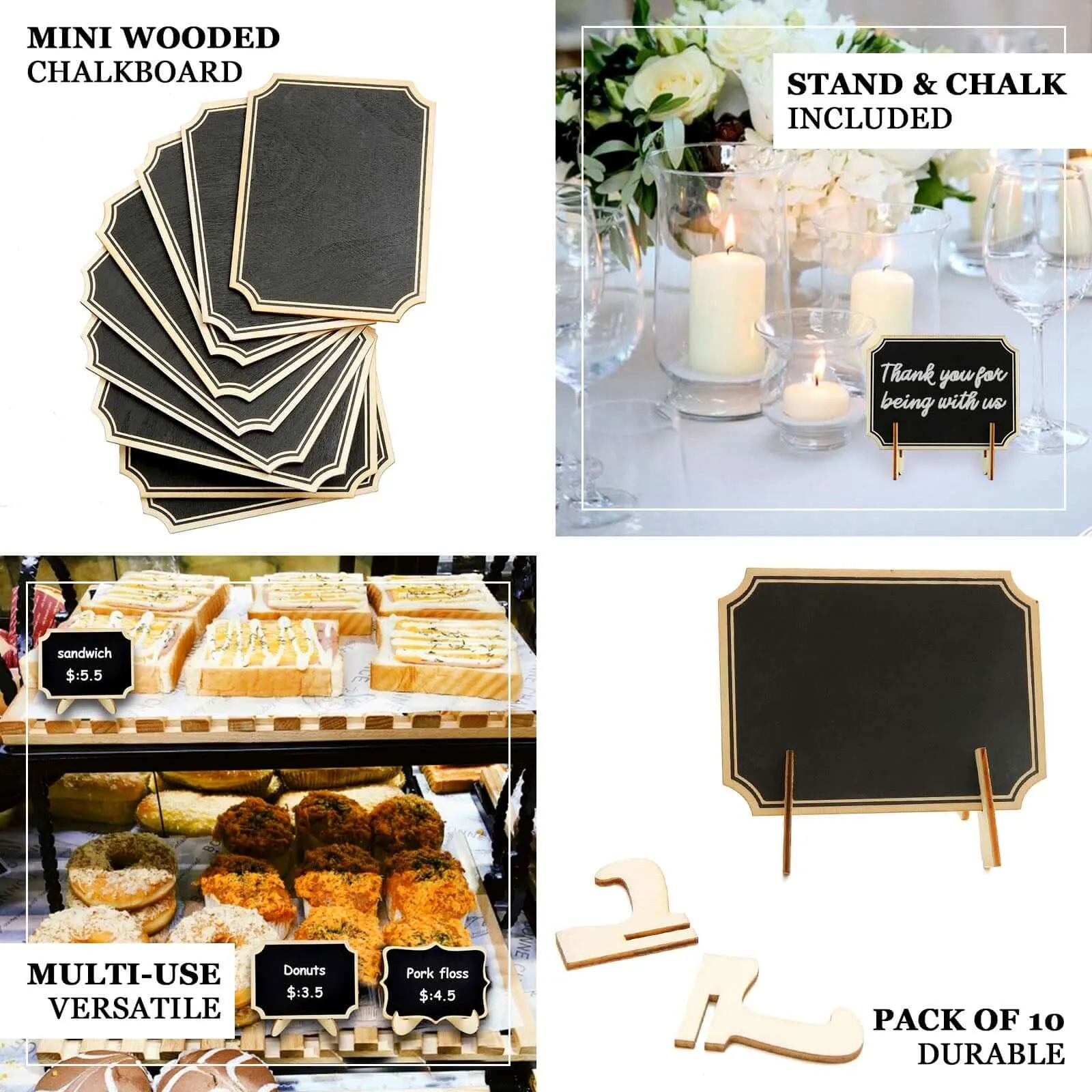 10 Pack Mini Wooden Table Chalkboard Signs With Removable Stands and Chalk 3"x4"