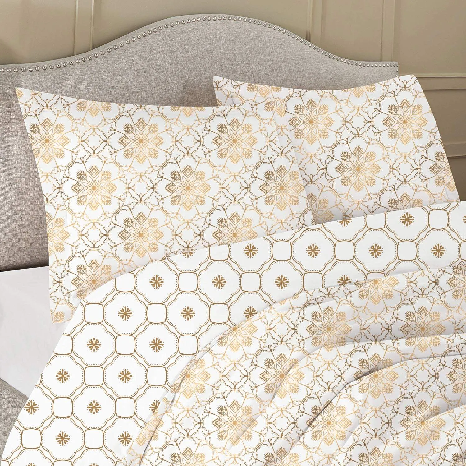 100% Cotton 3-Piece Printed Comforter Set Queen/King Size - Azure Gold