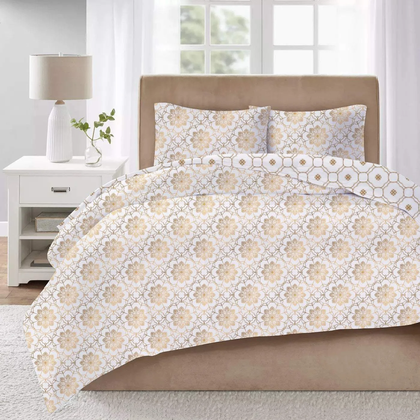 100% Cotton 3-Piece Printed Comforter Set Queen/King Size - Azure Gold