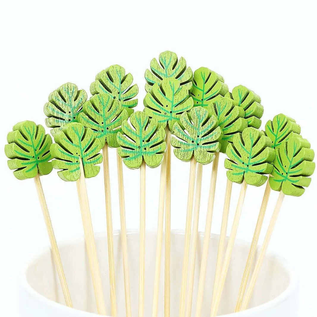 100 Pack Tropical Leaf Party Picks, Bamboo Skewers, Decorative Top Cocktail Sticks 5"