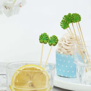 100 Pack Tropical Leaf Party Picks, Bamboo Skewers, Decorative Top Cocktail Sticks 5"