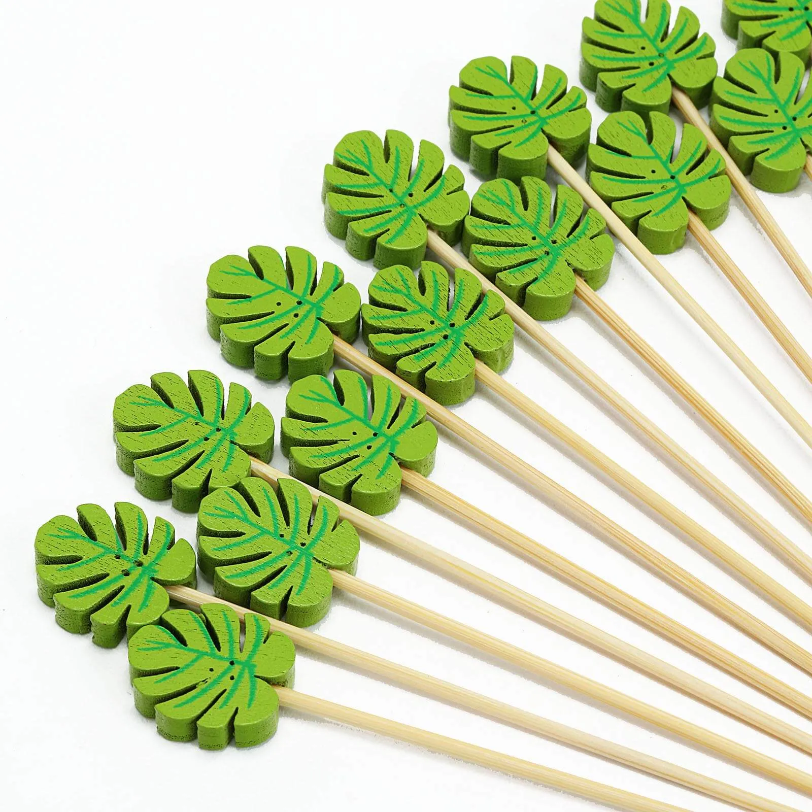 100 Pack Tropical Leaf Party Picks, Bamboo Skewers, Decorative Top Cocktail Sticks 5"
