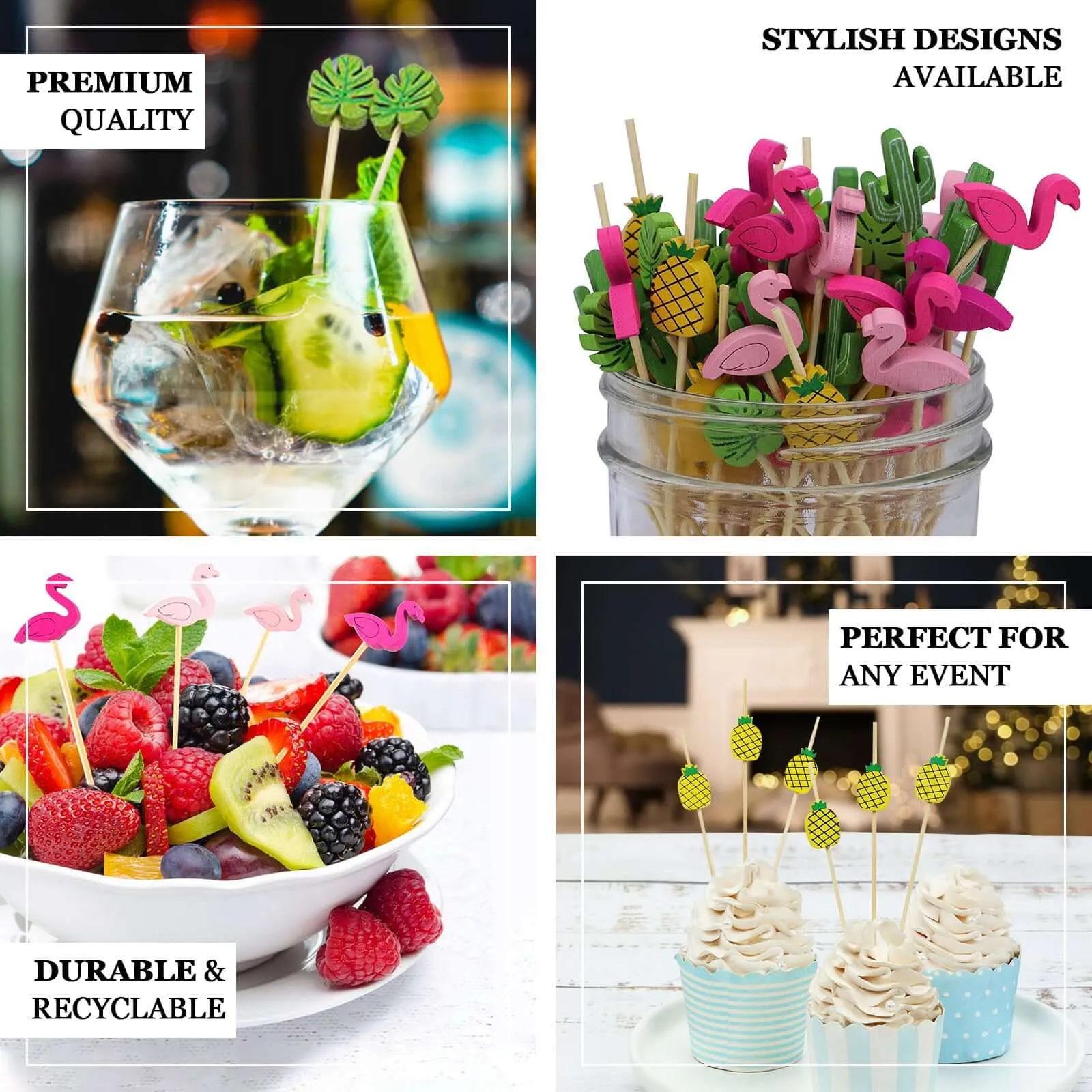 100 Pack Tropical Leaf Party Picks, Bamboo Skewers, Decorative Top Cocktail Sticks 5"