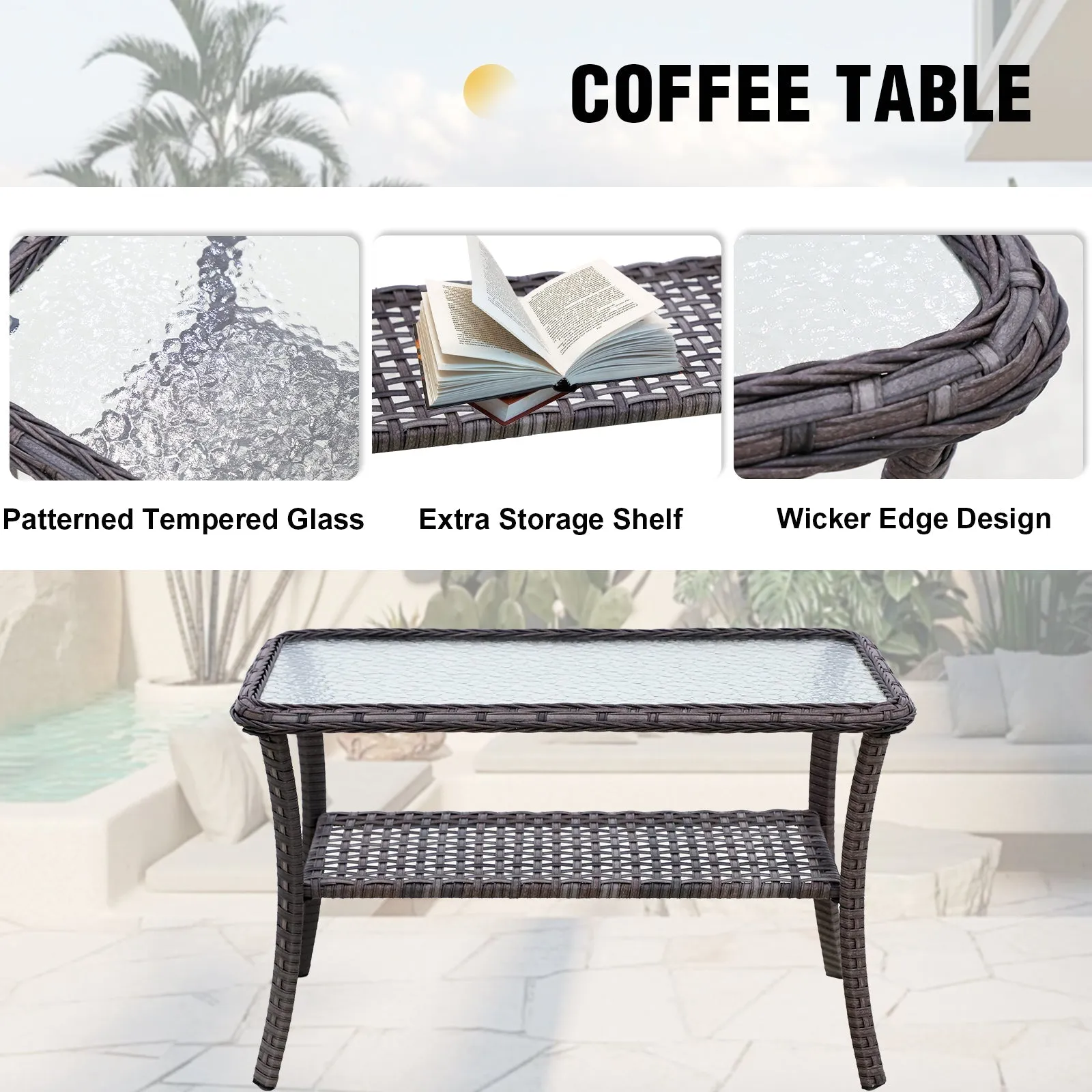 3 PCS Patio Rocking Chair Set, Rattan Wicker Furniture Set