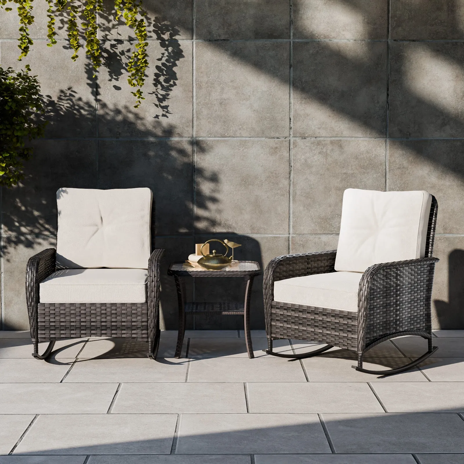 3 PCS Rustic Veranda Patio Bistro Set, Rocking Chairs with Side Table, Gray/Beige