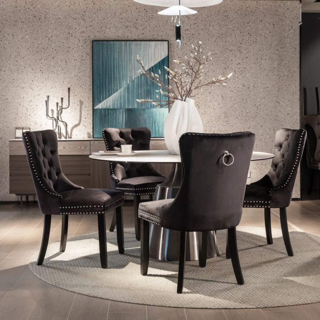 4x Velvet Dining Chairs | Upholstered Tufted Kitchen Chair | Solid Wood Legs | Stud Trim & Ring | Black