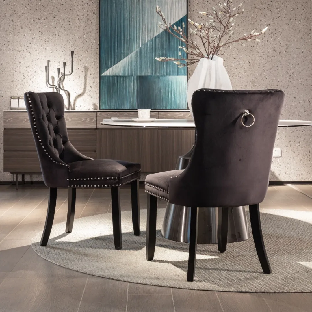 4x Velvet Dining Chairs | Upholstered Tufted Kitchen Chair | Solid Wood Legs | Stud Trim & Ring | Black