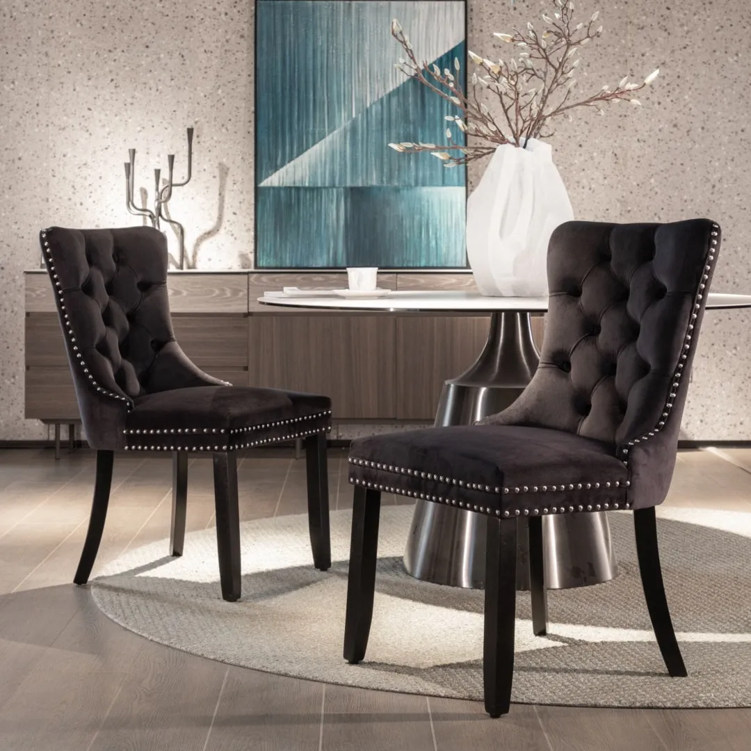 4x Velvet Dining Chairs | Upholstered Tufted Kitchen Chair | Solid Wood Legs | Stud Trim & Ring | Black