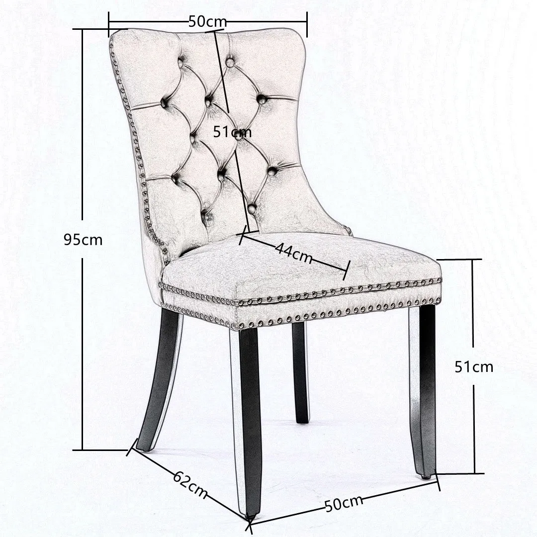 4x Velvet Dining Chairs | Upholstered Tufted Kitchen Chair | Solid Wood Legs | Stud Trim & Ring | Black