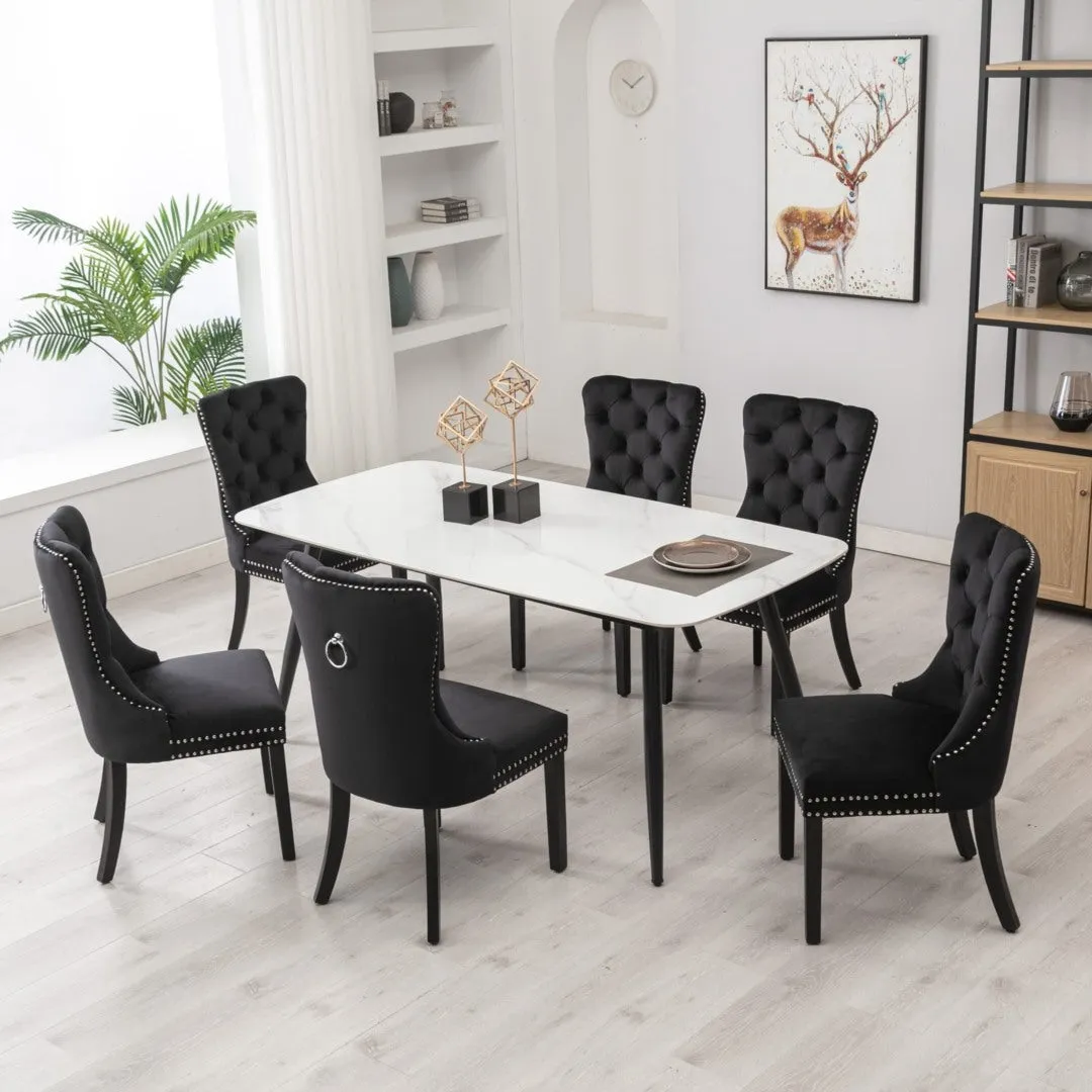 4x Velvet Dining Chairs | Upholstered Tufted Kitchen Chair | Solid Wood Legs | Stud Trim & Ring | Black