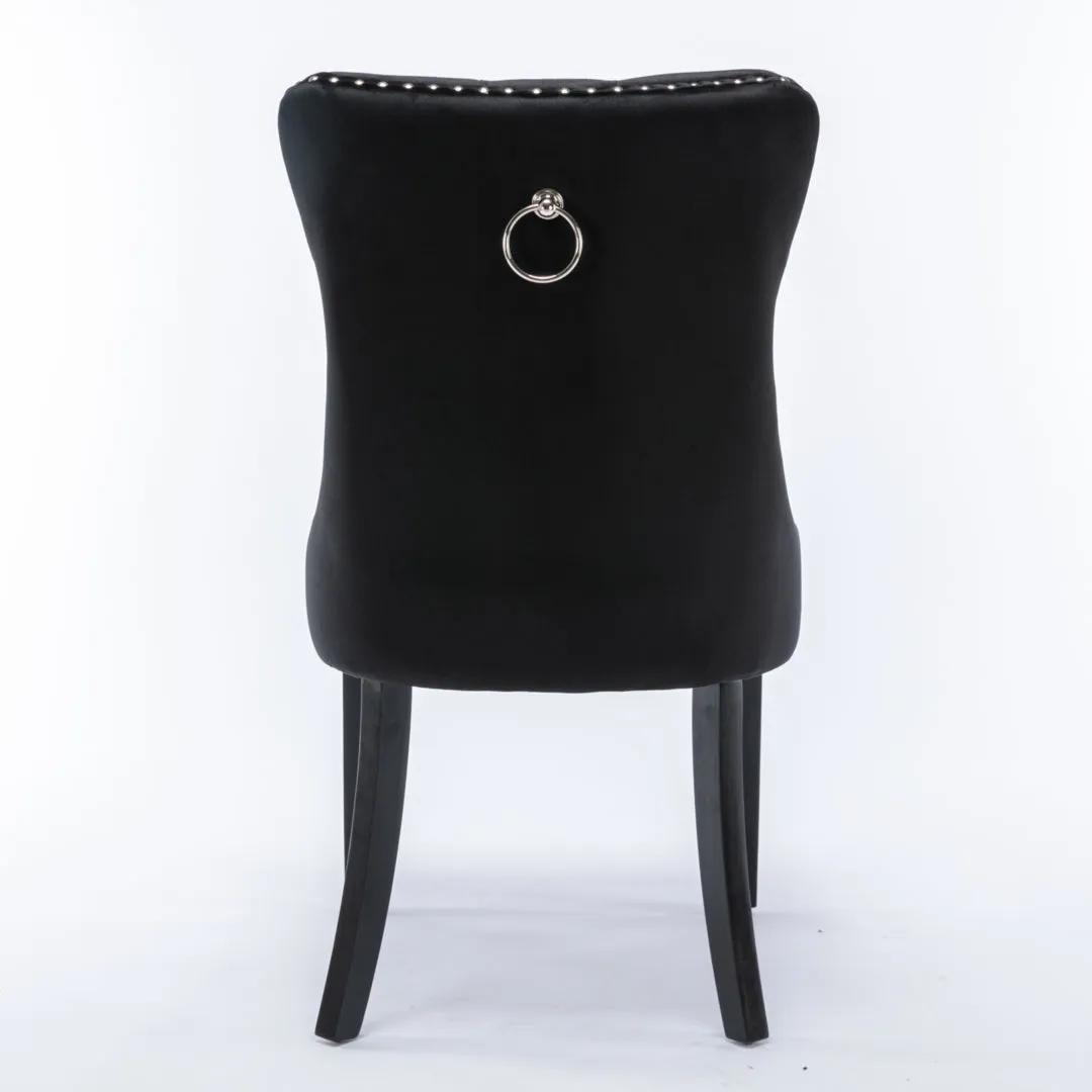 4x Velvet Dining Chairs | Upholstered Tufted Kitchen Chair | Solid Wood Legs | Stud Trim & Ring | Black