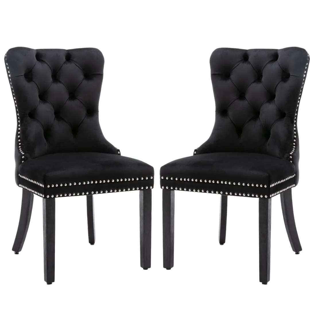 4x Velvet Dining Chairs | Upholstered Tufted Kitchen Chair | Solid Wood Legs | Stud Trim & Ring | Black