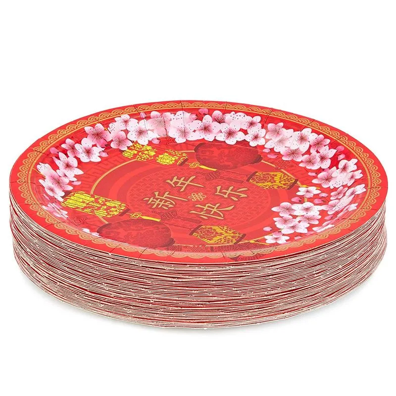 Chinese New Year Paper Plates with Foil Accents (Red, 9 Inches, 48 Pack)