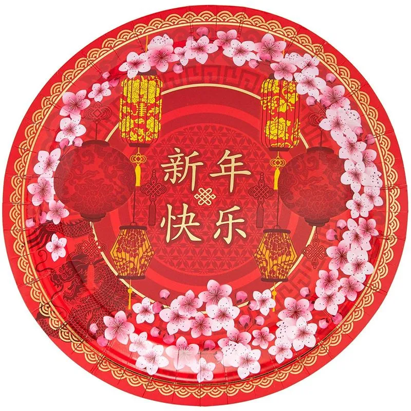 Chinese New Year Paper Plates with Foil Accents (Red, 9 Inches, 48 Pack)