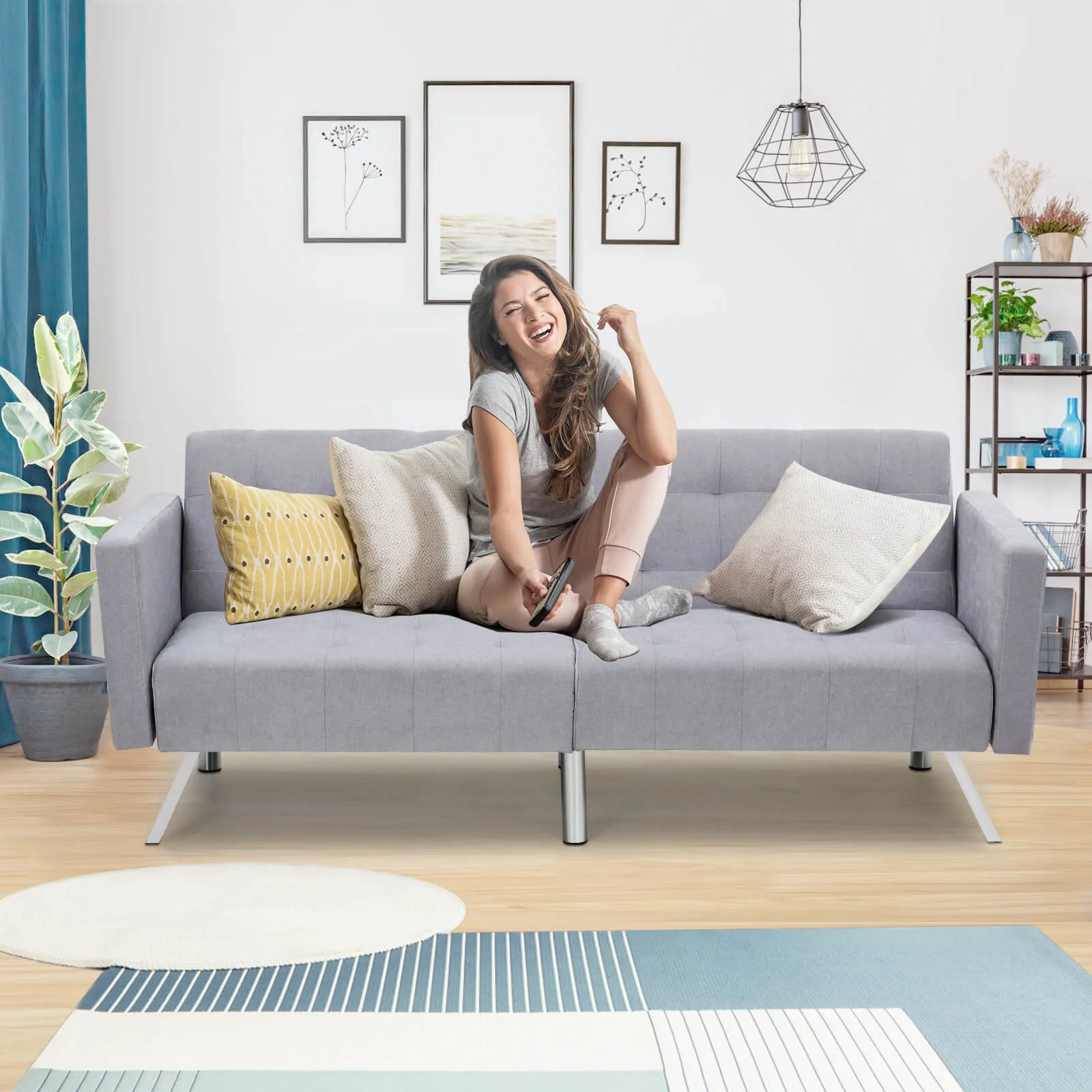 Convertible Futon Sofa Bed w/ Adjustable Backrest Fabric Sleeper Sofa Couch Loveseat, Light Grey