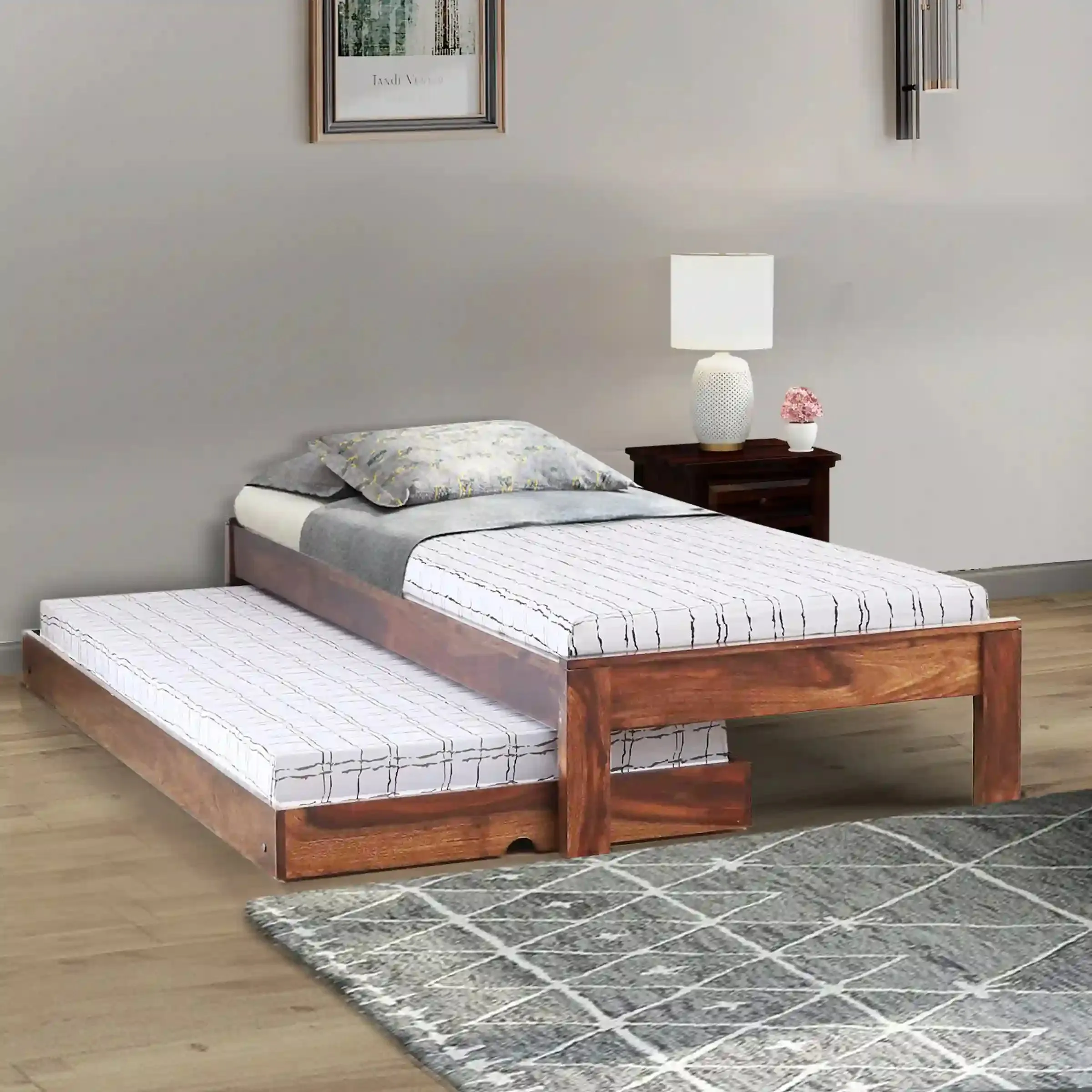 Divyam Modern Sheesham Wood Single Bed With Trundle