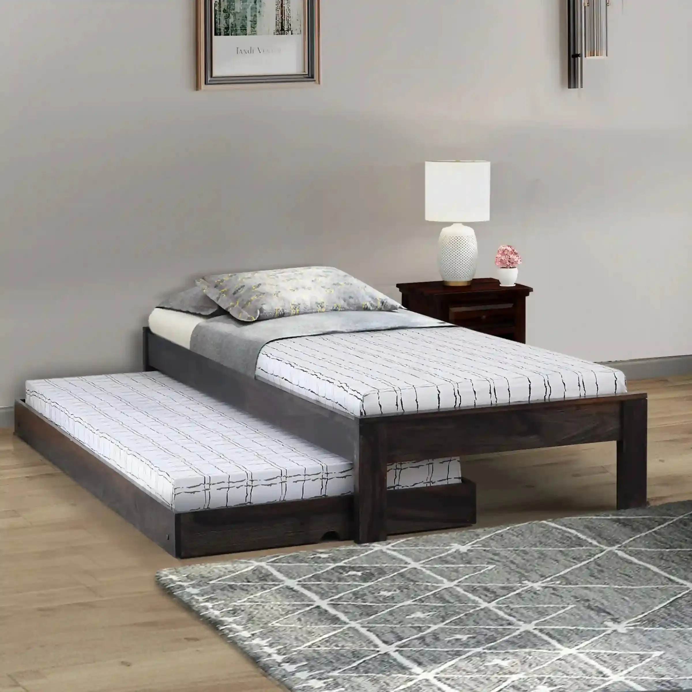 Divyam Modern Sheesham Wood Single Bed With Trundle