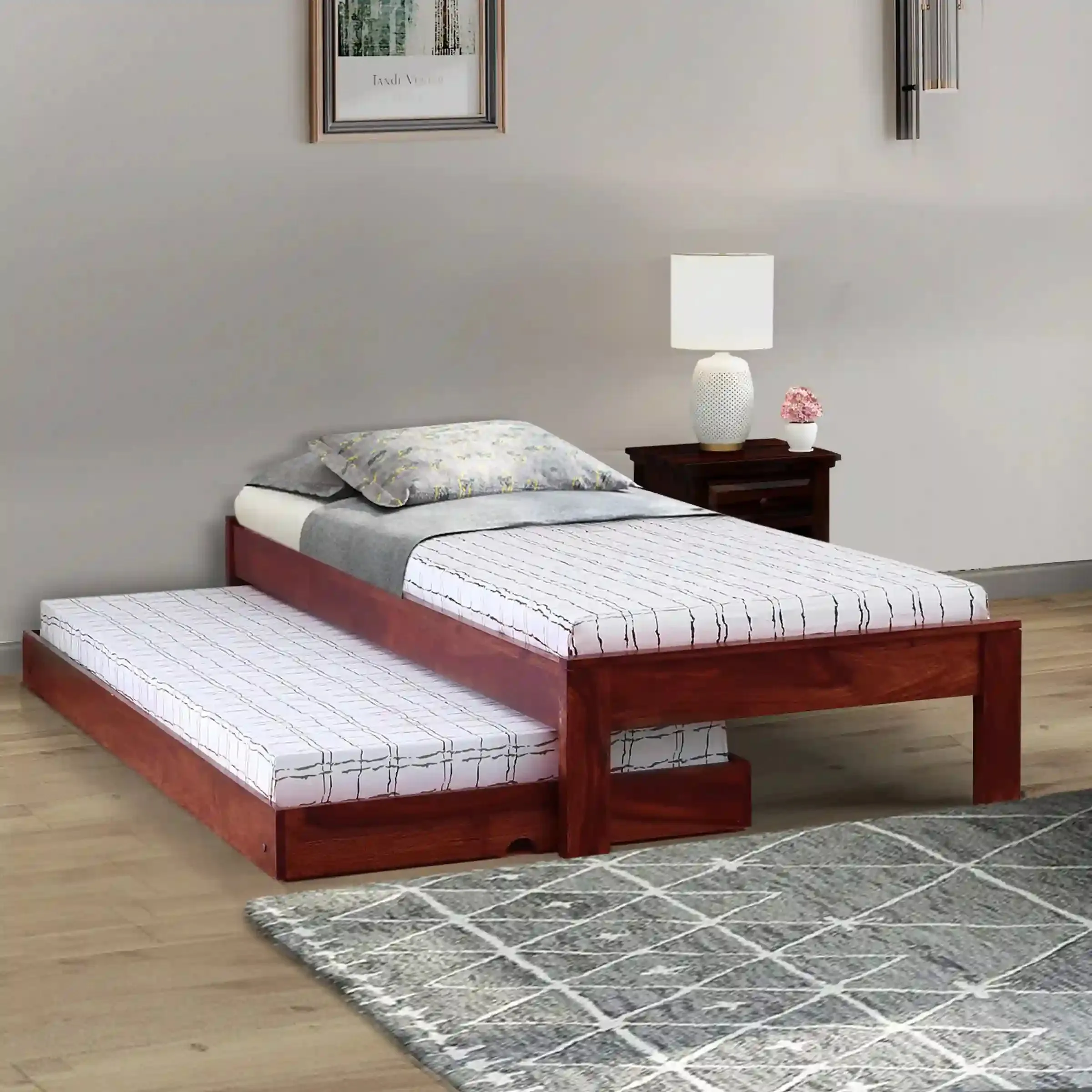 Divyam Modern Sheesham Wood Single Bed With Trundle