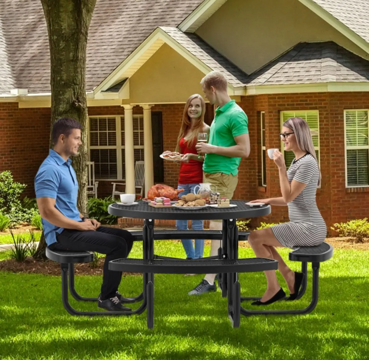 Heavy Duty 8-Person Outdoor Dining Set Picnic Table, 45 Inch Patio Table & Bench | Rust, Water Resistant With Umbrella Hole