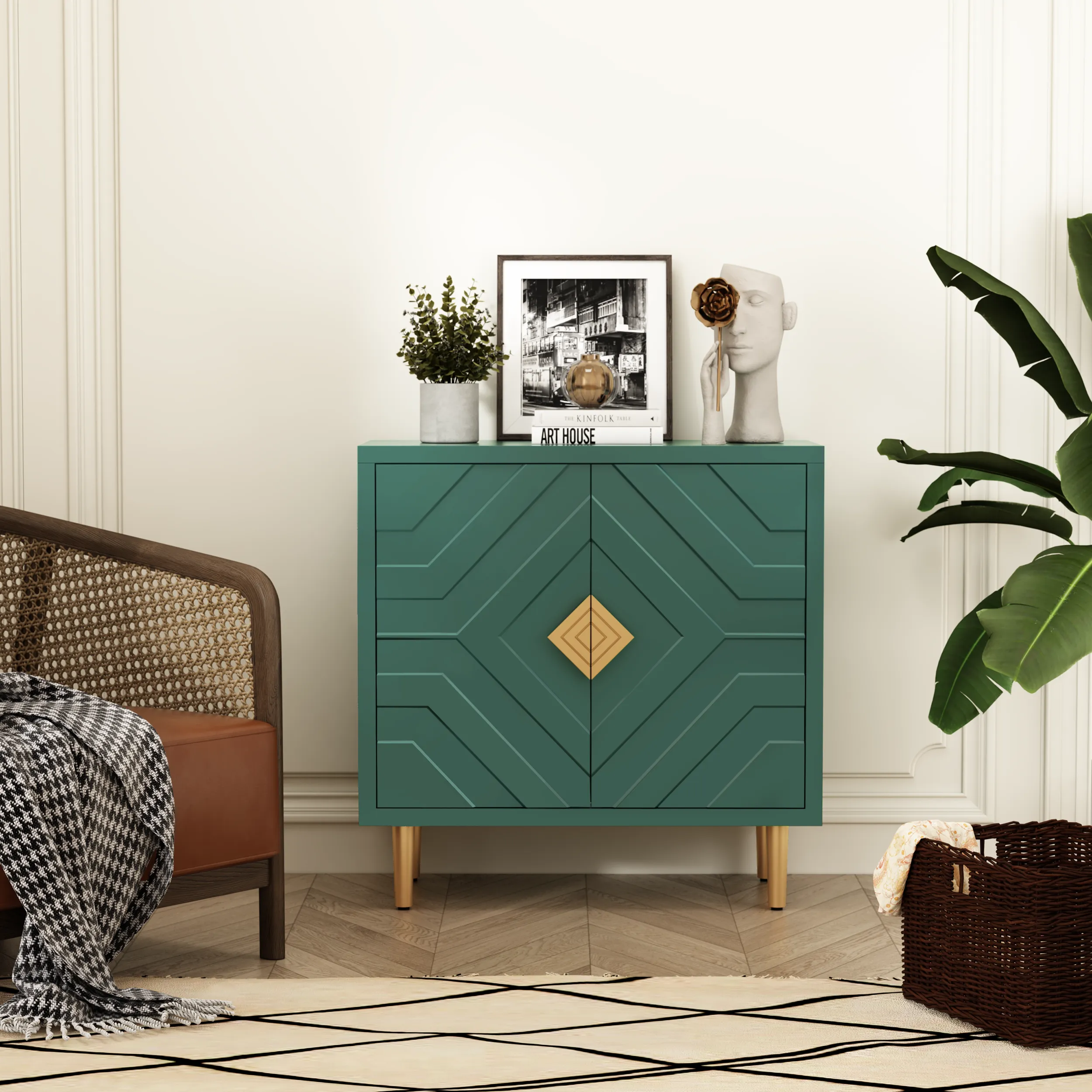 HLR Green Modern Decorative Embossed Pattern Doors Accent Cabinet Sideboard Buffet Credenza with Storage  Stylish Storage for Living Room, Kitchen, Dining & Hallway