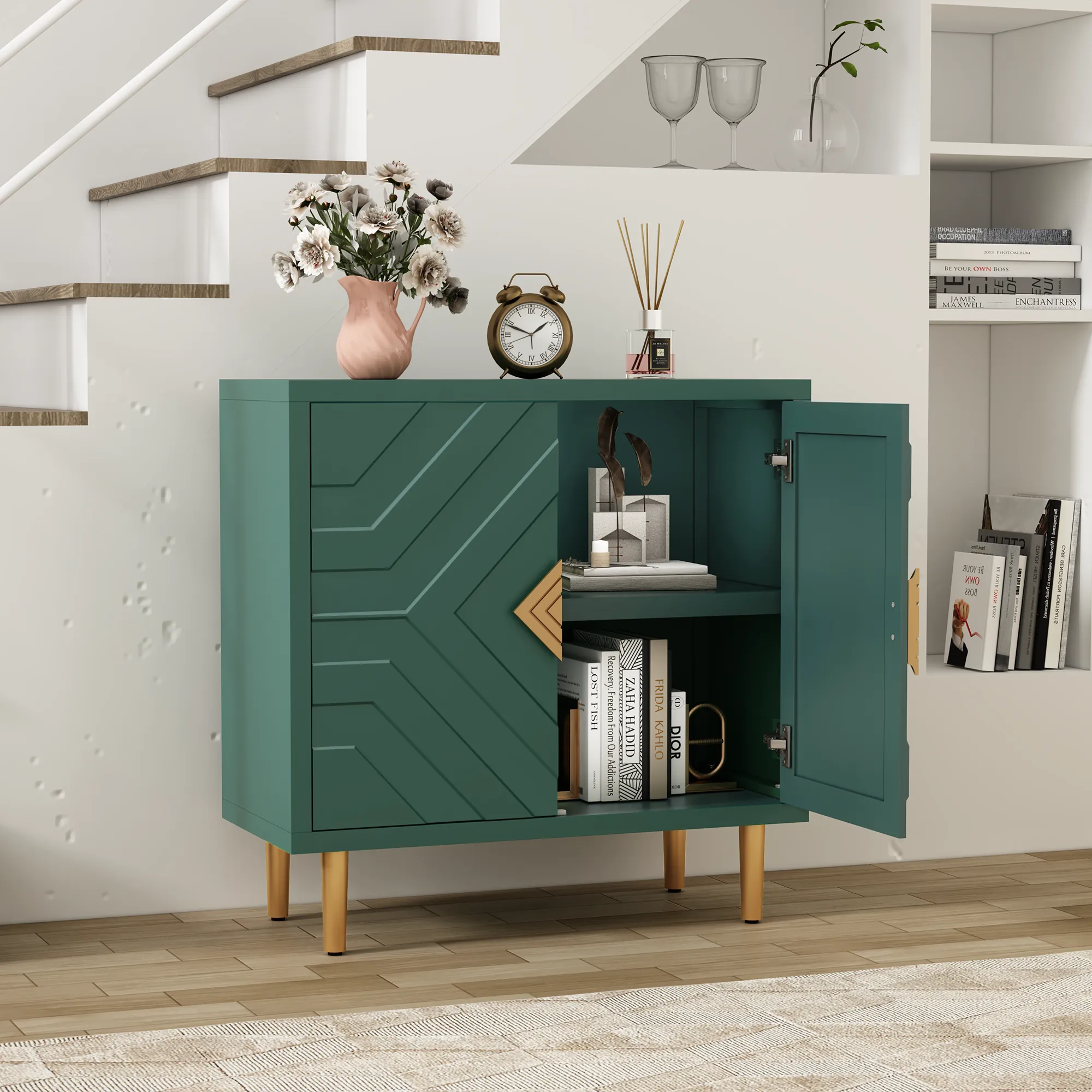 HLR Green Modern Decorative Embossed Pattern Doors Accent Cabinet Sideboard Buffet Credenza with Storage  Stylish Storage for Living Room, Kitchen, Dining & Hallway