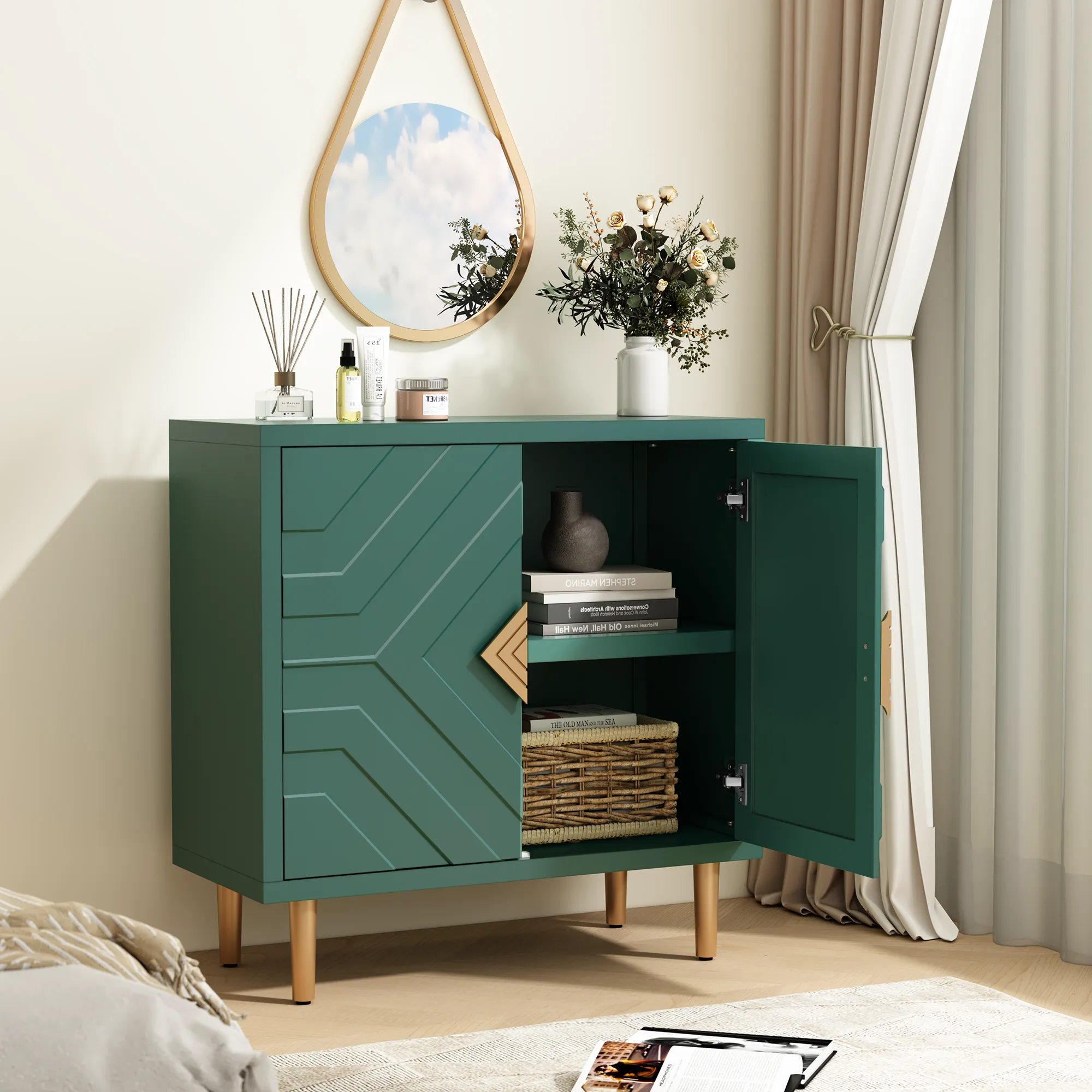 HLR Green Modern Decorative Embossed Pattern Doors Accent Cabinet Sideboard Buffet Credenza with Storage  Stylish Storage for Living Room, Kitchen, Dining & Hallway
