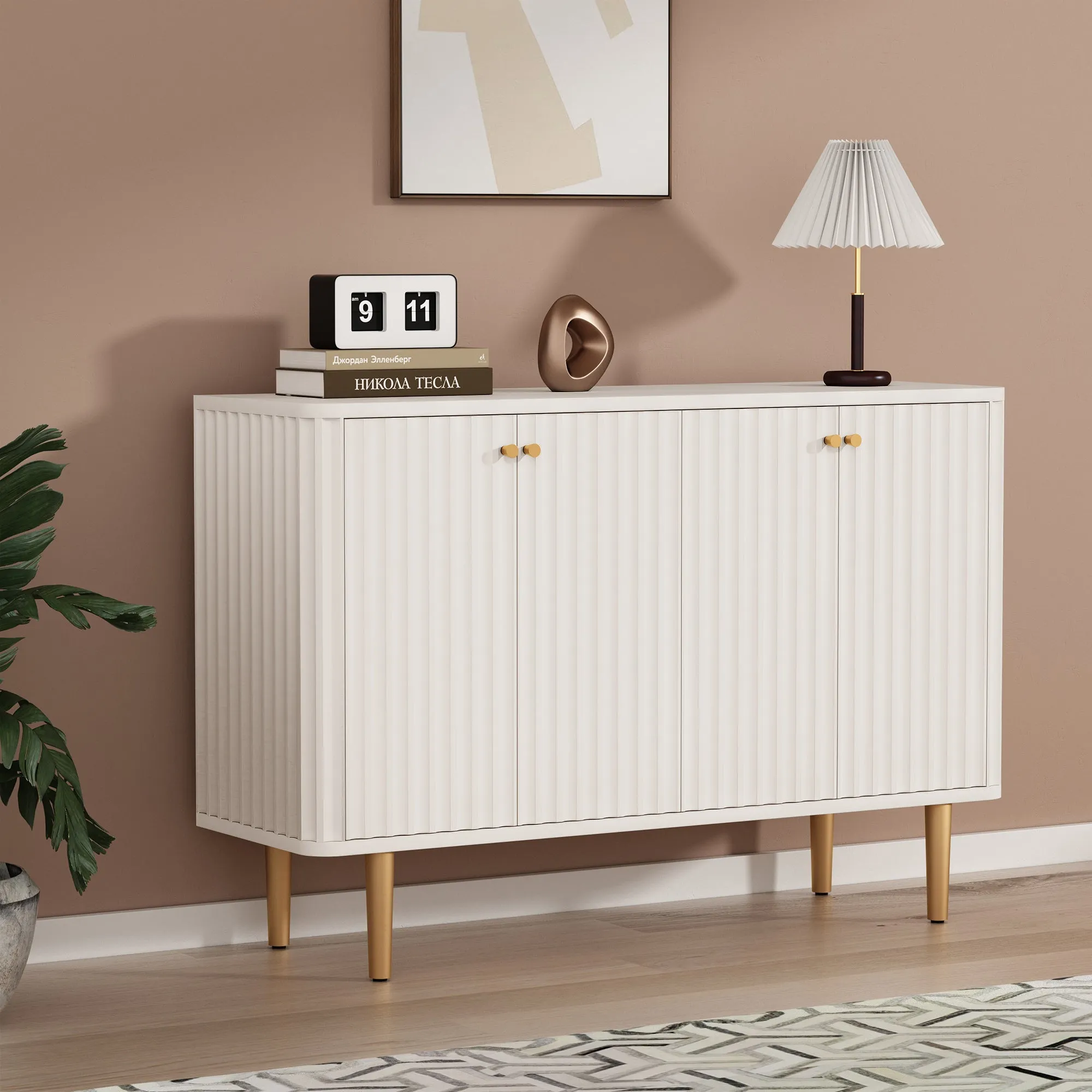 HLR White Modern Sideboard Buffet Accent Cabianet with 4-Door Storage and Removable Shelves  Stylish Organizer for Living, Dining & Entryway