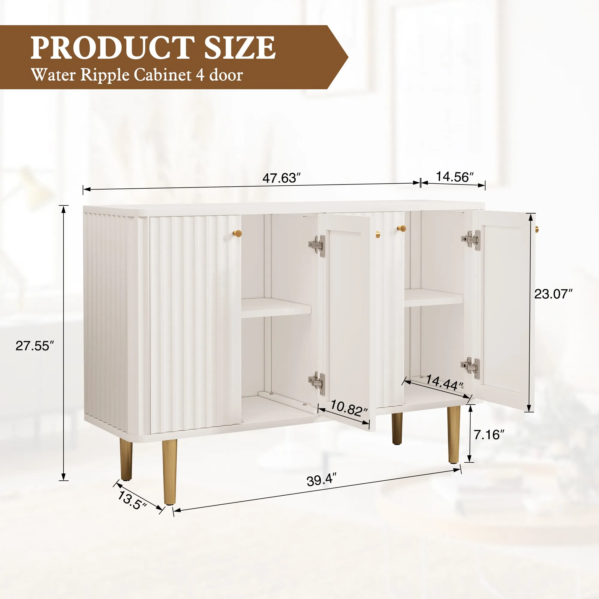 HLR White Modern Sideboard Buffet Accent Cabianet with 4-Door Storage and Removable Shelves  Stylish Organizer for Living, Dining & Entryway