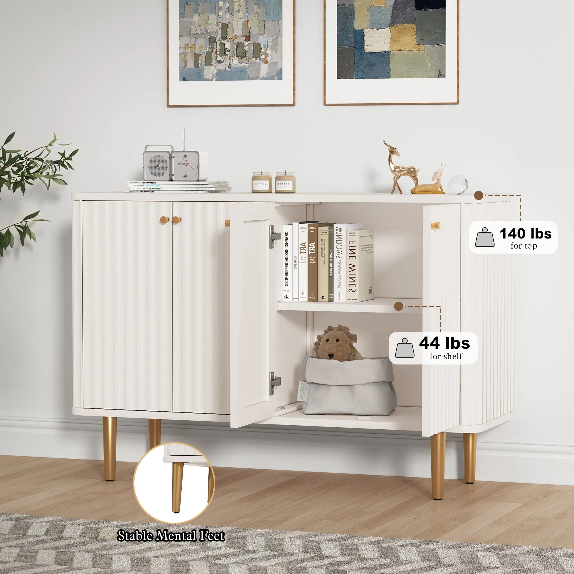 HLR White Modern Sideboard Buffet Accent Cabianet with 4-Door Storage and Removable Shelves  Stylish Organizer for Living, Dining & Entryway