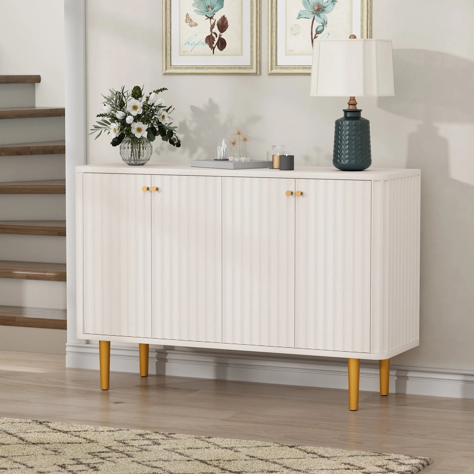HLR White Modern Sideboard Buffet Accent Cabianet with 4-Door Storage and Removable Shelves  Stylish Organizer for Living, Dining & Entryway