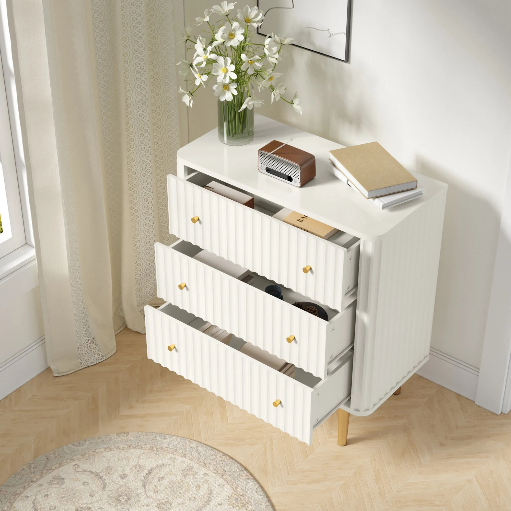 HLR White Modern Tall Wood Dresser 3-Drawer Storage Cabinet with Fluted Texture  Stylish Organizer for Bedroom, Closet, Living Room & Hallway