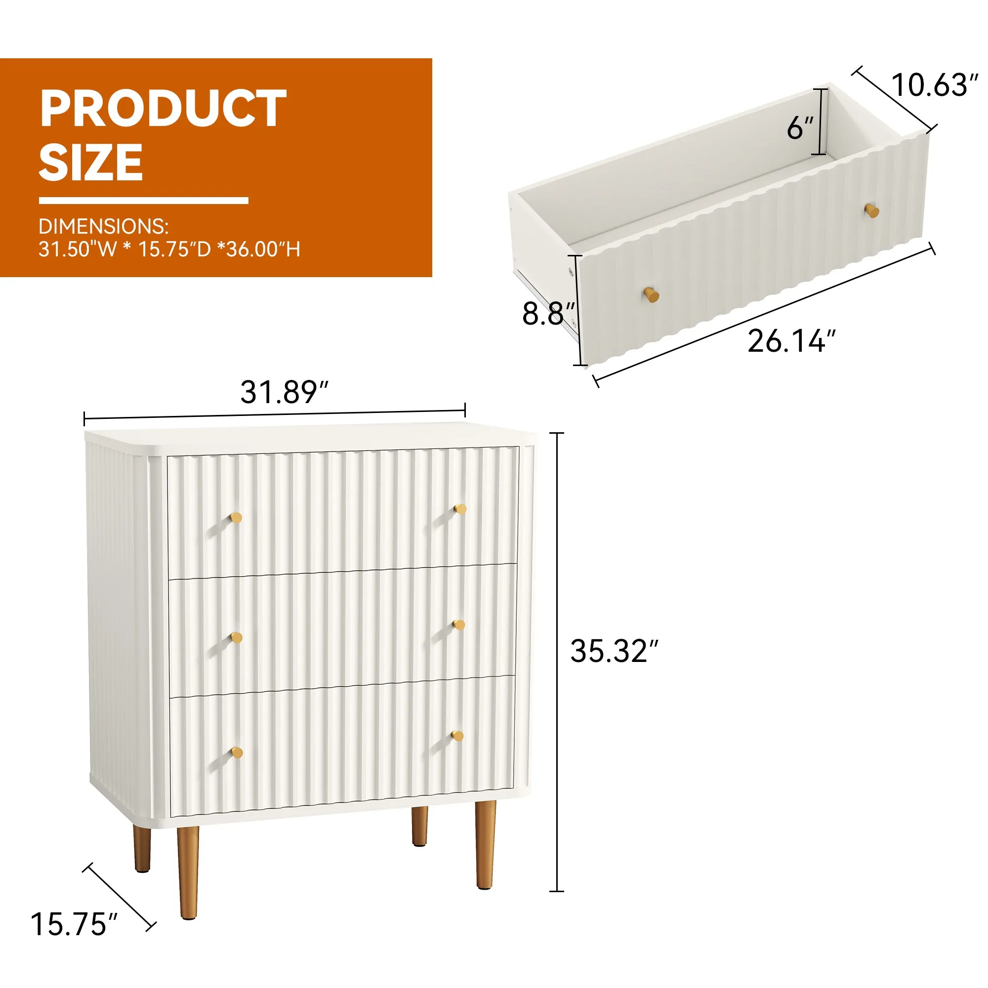 HLR White Modern Tall Wood Dresser 3-Drawer Storage Cabinet with Fluted Texture  Stylish Organizer for Bedroom, Closet, Living Room & Hallway