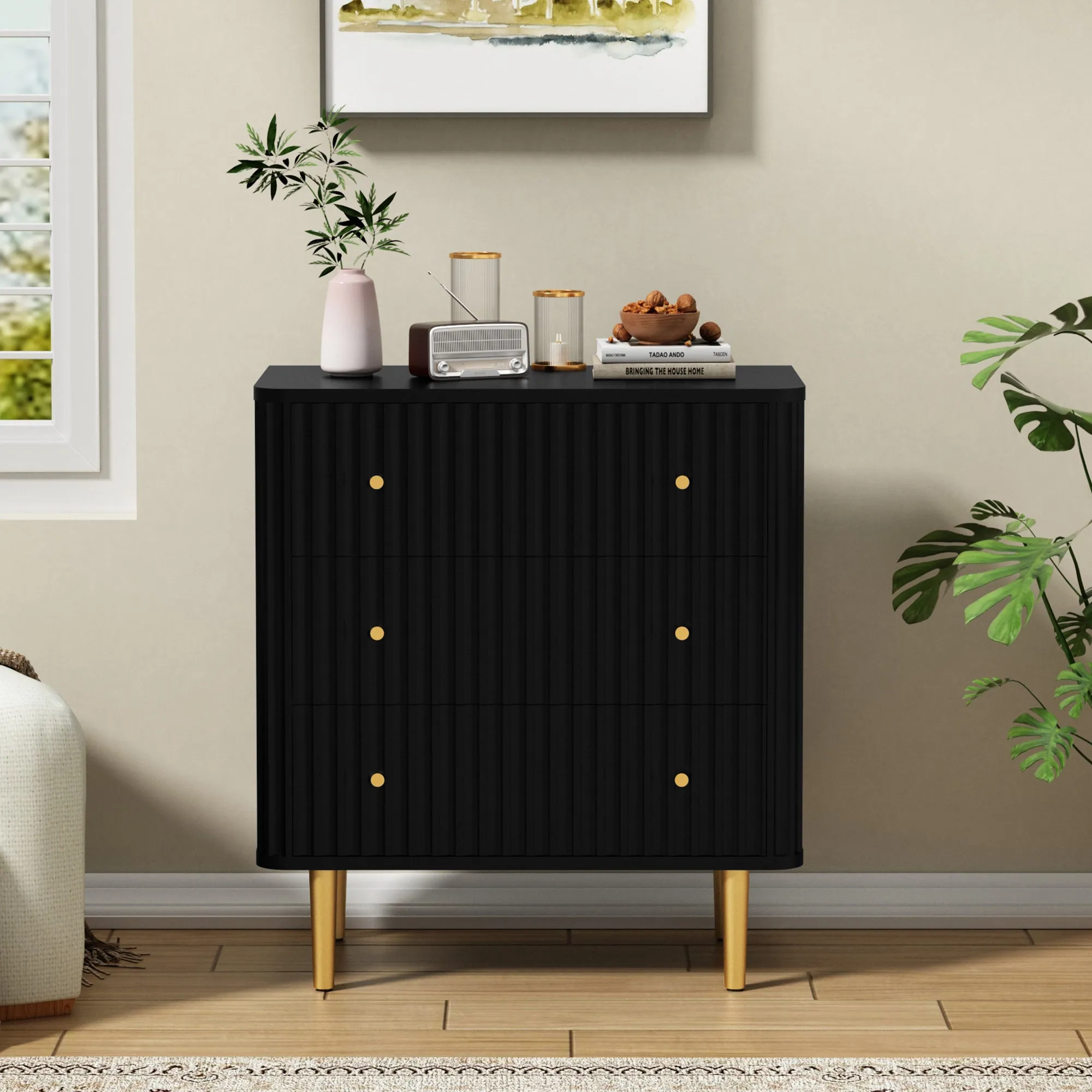 HLR White Modern Tall Wood Dresser 3-Drawer Storage Cabinet with Fluted Texture  Stylish Organizer for Bedroom, Closet, Living Room & Hallway