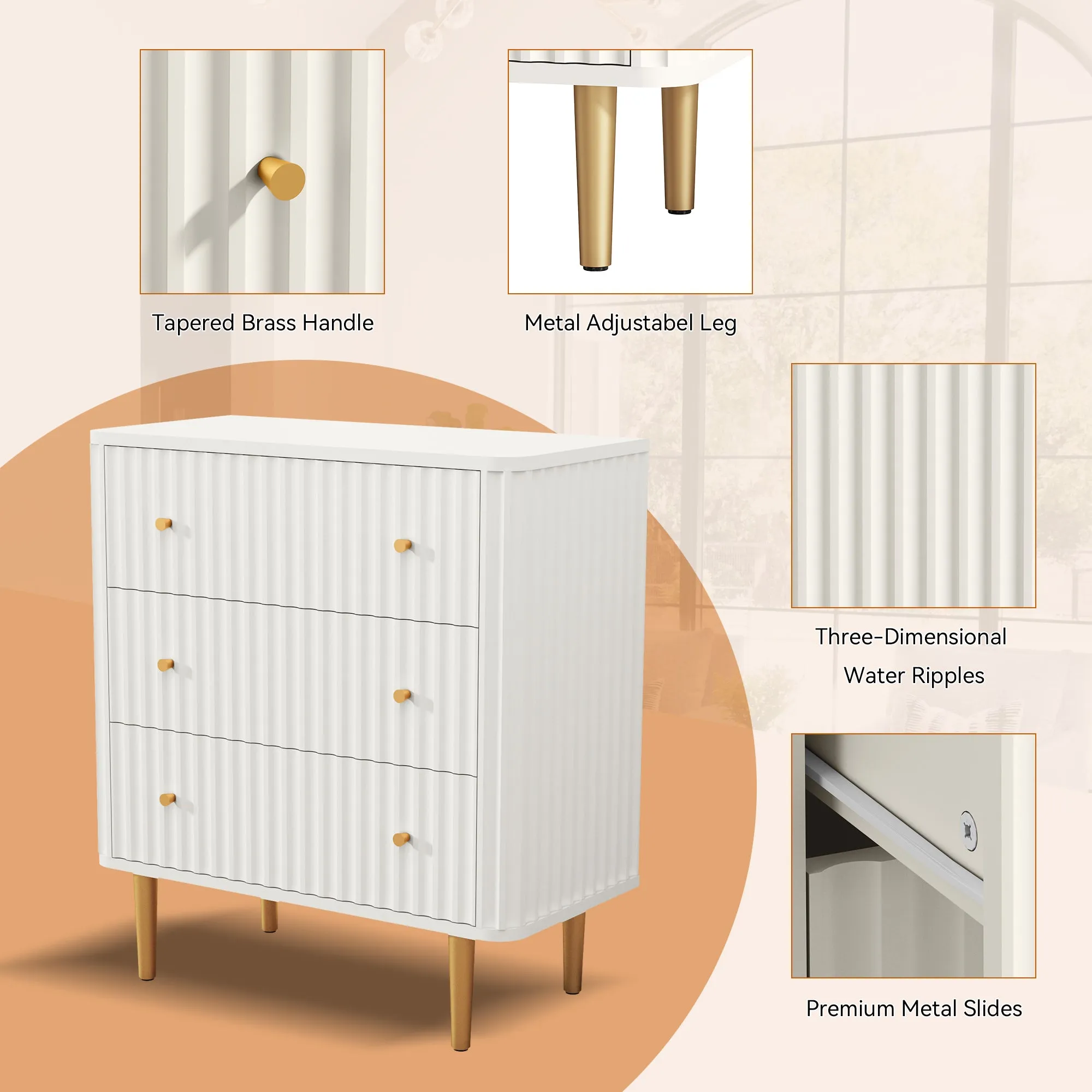 HLR White Modern Tall Wood Dresser 3-Drawer Storage Cabinet with Fluted Texture  Stylish Organizer for Bedroom, Closet, Living Room & Hallway