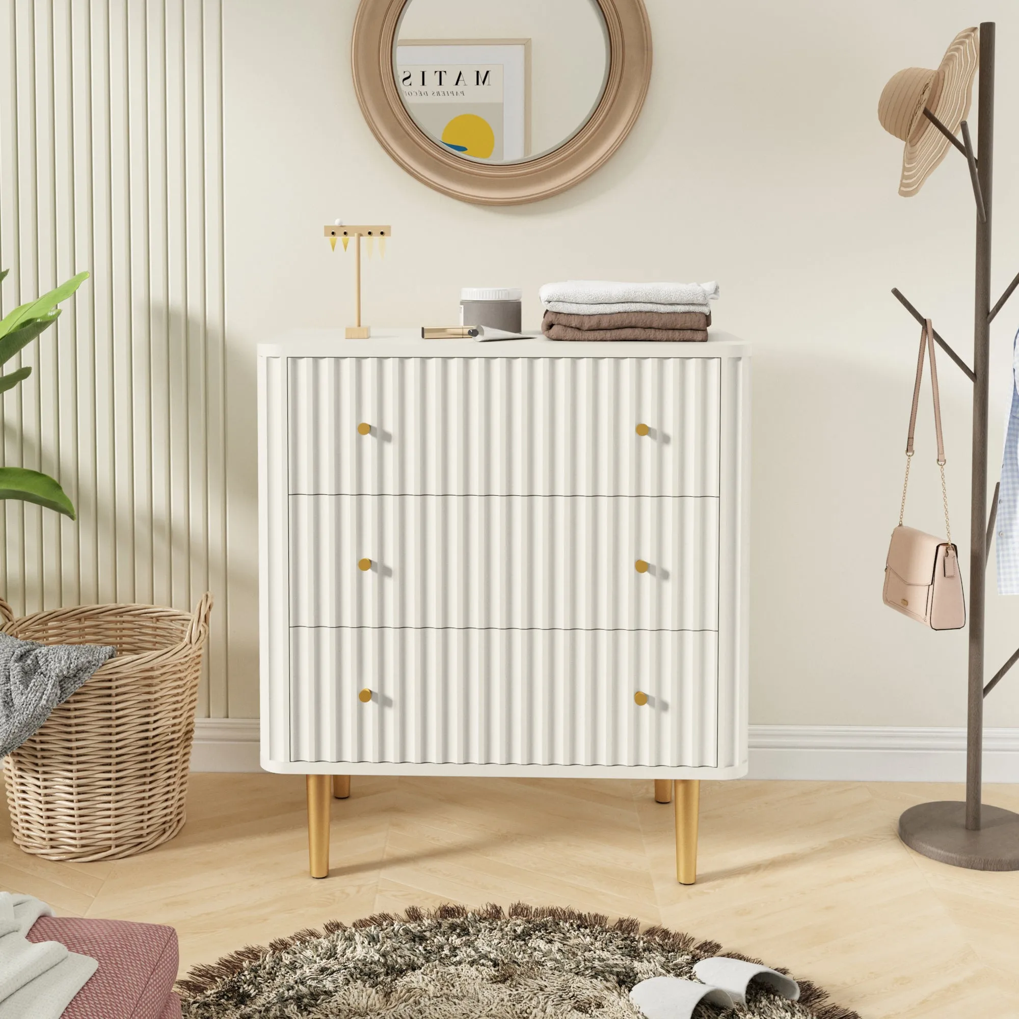HLR White Modern Tall Wood Dresser 3-Drawer Storage Cabinet with Fluted Texture  Stylish Organizer for Bedroom, Closet, Living Room & Hallway