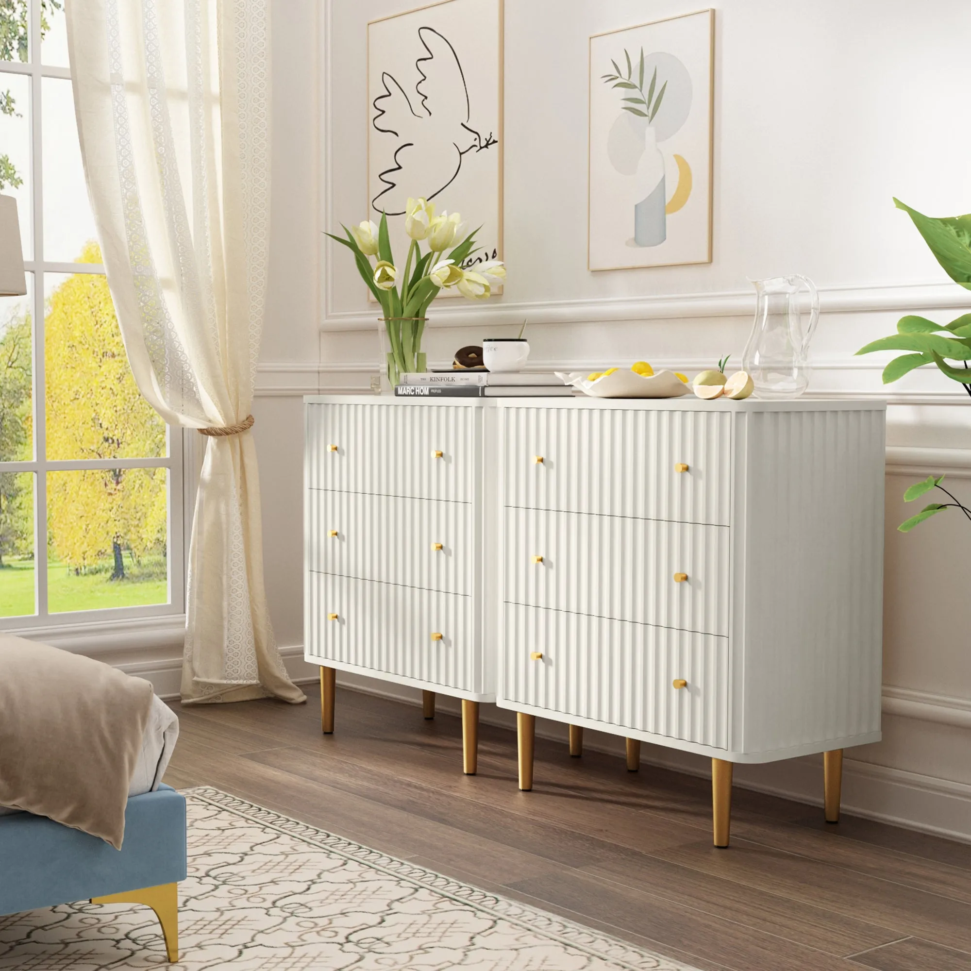 HLR White Modern Tall Wood Dresser 3-Drawer Storage Cabinet with Fluted Texture  Stylish Organizer for Bedroom, Closet, Living Room & Hallway
