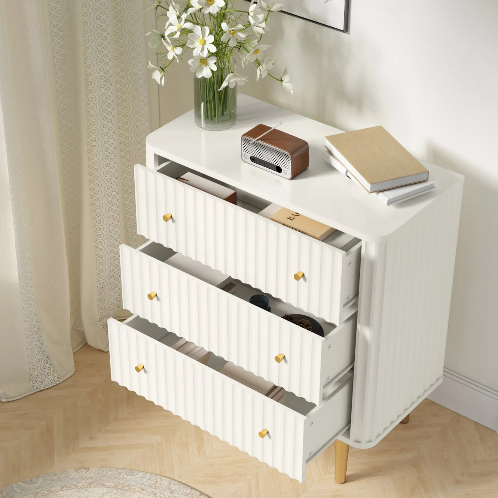 HLR White Modern Tall Wood Dresser 3-Drawer Storage Cabinet with Fluted Texture  Stylish Organizer for Bedroom, Closet, Living Room & Hallway