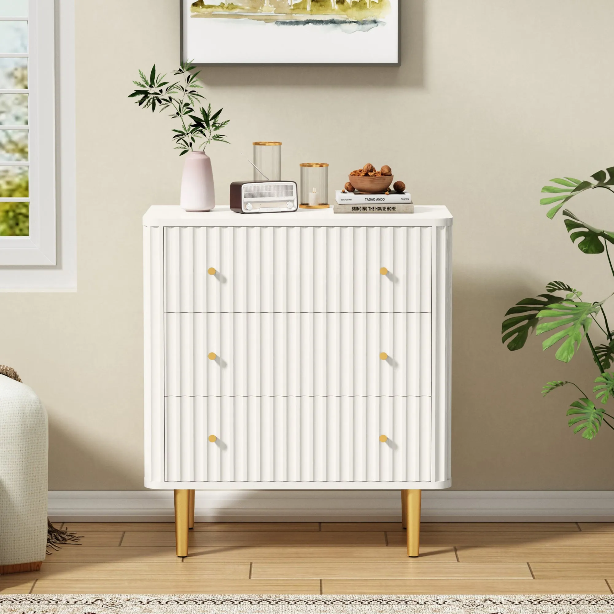 HLR White Modern Tall Wood Dresser 3-Drawer Storage Cabinet with Fluted Texture  Stylish Organizer for Bedroom, Closet, Living Room & Hallway