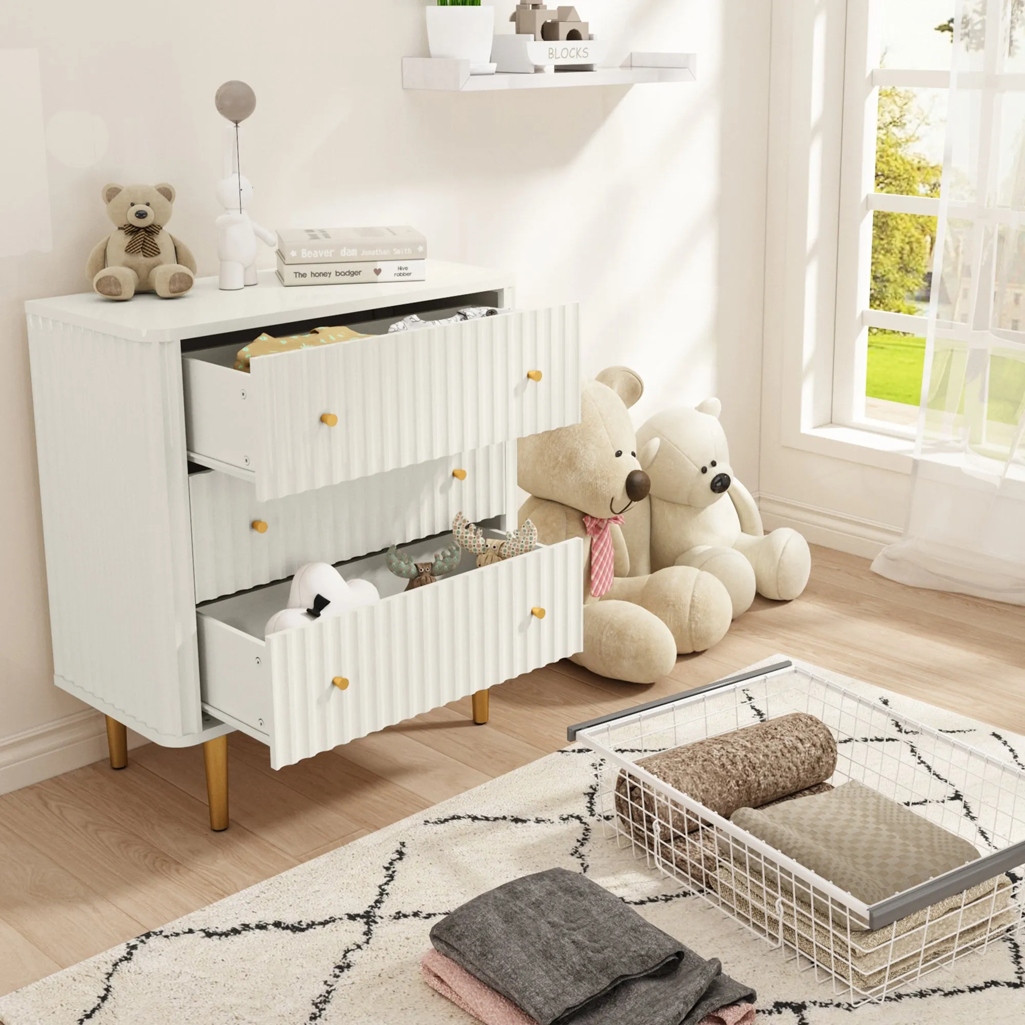 HLR White Modern Tall Wood Dresser 3-Drawer Storage Cabinet with Fluted Texture  Stylish Organizer for Bedroom, Closet, Living Room & Hallway