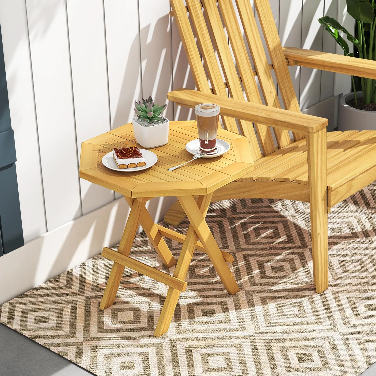 Tangkula Patio Folding Side Table, Teak Wood Octagon Coffee Table, 20” x 20” x 20”