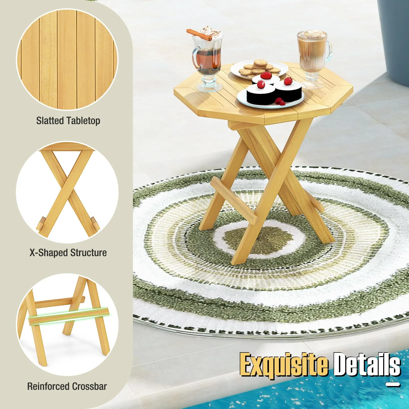 Tangkula Patio Folding Side Table, Teak Wood Octagon Coffee Table, 20” x 20” x 20”