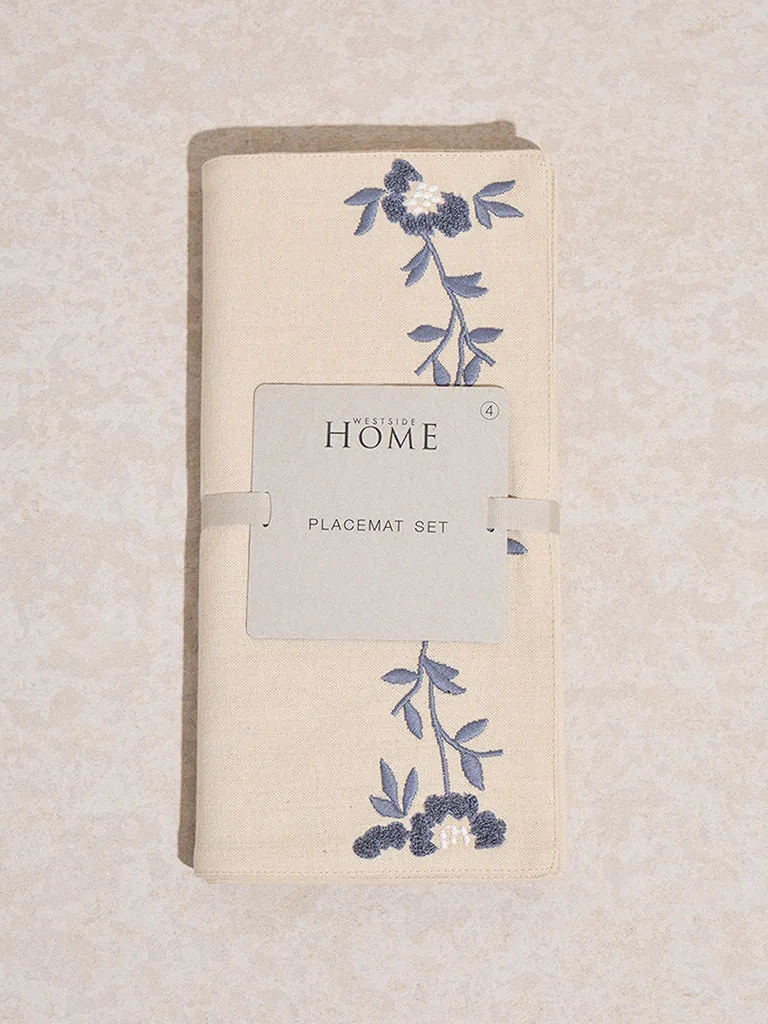 Westside Home Dusty Blue Floral Embroidered Placemat (Set of 4)